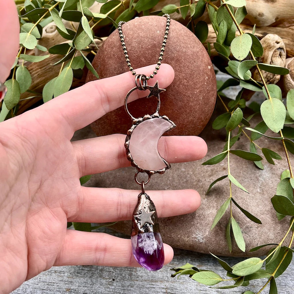 Rose Quartz Moon Pendant with Amethyst Drop
