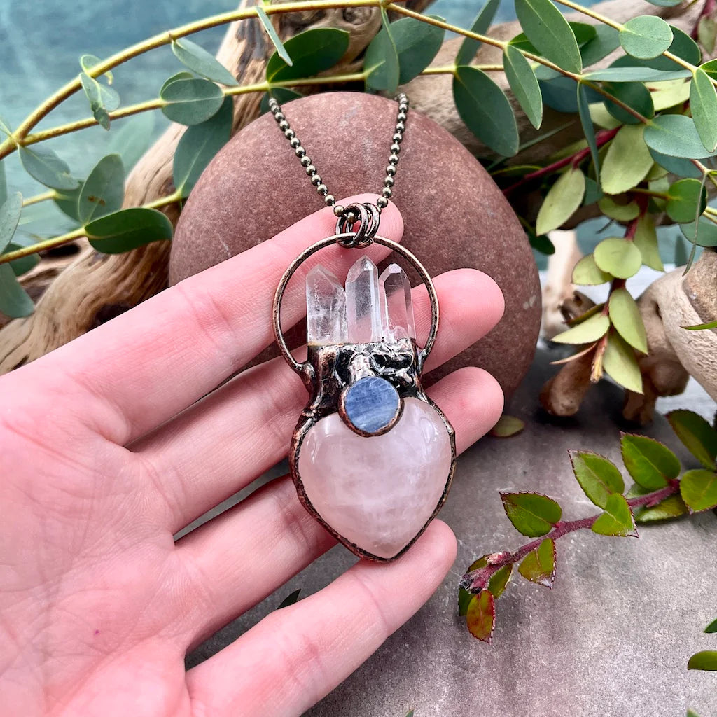 Rose Quartz Heart Necklace with Quartz Points