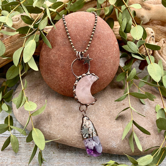 Rose Quartz Moon Pendant with Amethyst Drop