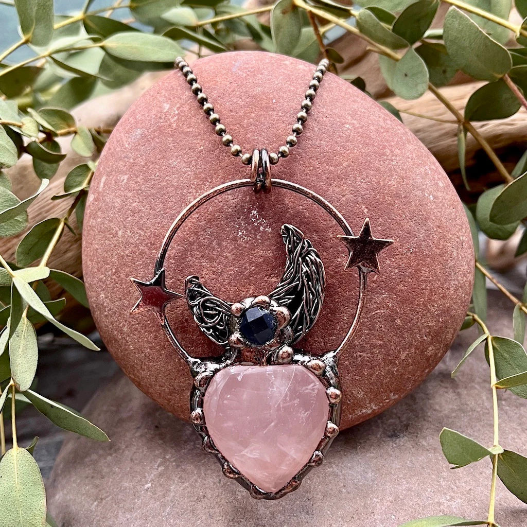 Rose Quartz Heart Moon & Stars Pendant