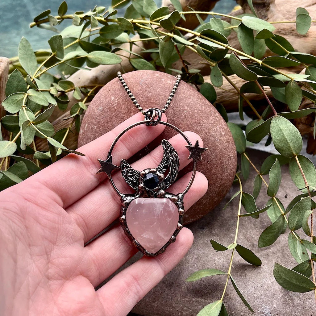 Rose Quartz Heart Moon & Stars Pendant